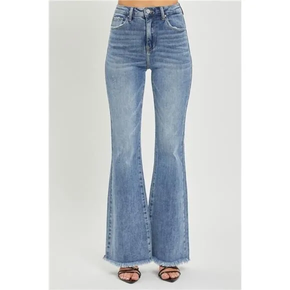 NWT RISEN High Waist Raw Hem Flare Jeans, Retro Look, Stretch Denim