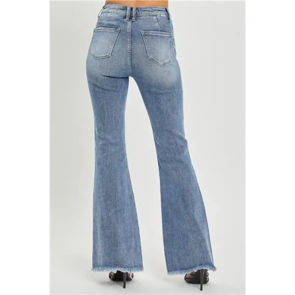 NWT RISEN High Waist Raw Hem Flare Jeans, Retro Look, Stretch Denim