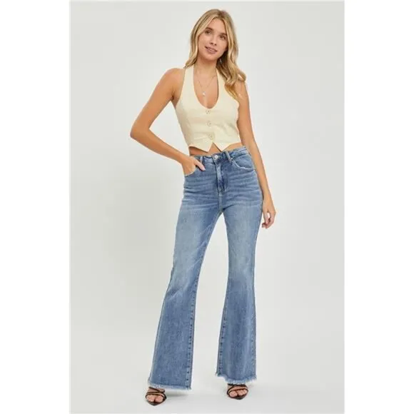 NWT RISEN High Waist Raw Hem Flare Jeans, Retro Look, Stretch Denim