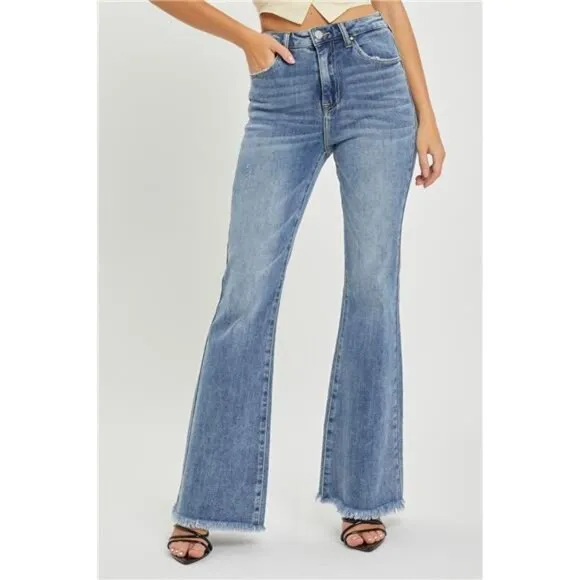 NWT RISEN High Waist Raw Hem Flare Jeans, Retro Look, Stretch Denim