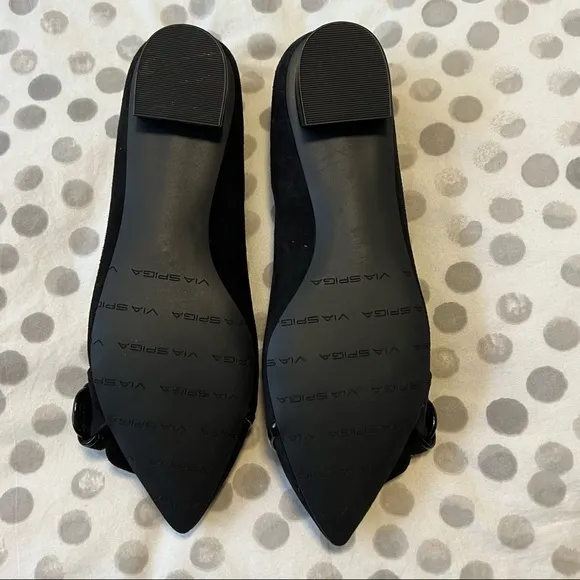 NWT Via Spiga Deandra Black Suede Buckle Pointy Toe Shoes Size 5.5