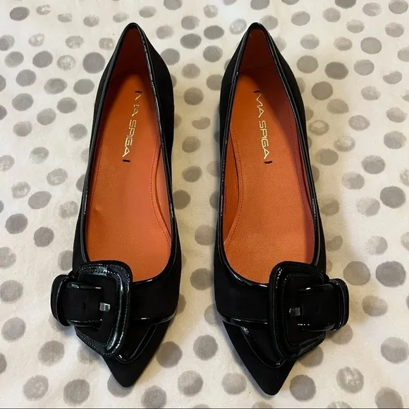 NWT Via Spiga Deandra Black Suede Buckle Pointy Toe Shoes Size 5.5