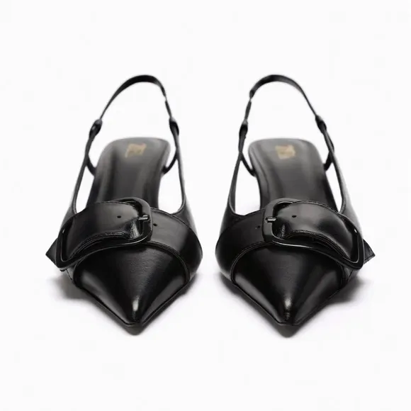 NWT. Zara Black Leather Kitten Heeled Slingback Shoes. Size 9.