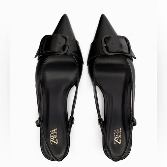 NWT. Zara Black Leather Kitten Heeled Slingback Shoes. Size 9.
