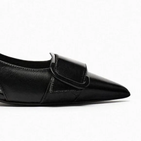 NWT. Zara Black Leather Kitten Heeled Slingback Shoes. Size 9.