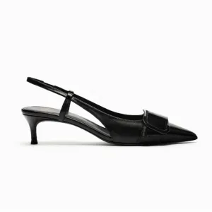 NWT. Zara Black Leather Kitten Heeled Slingback Shoes. Size 9.