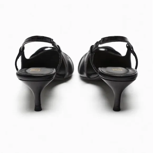 NWT. Zara Black Leather Kitten Heeled Slingback Shoes. Size 9.