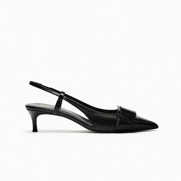 NWT. Zara Black Leather Kitten Heeled Slingback Shoes. Size 9.