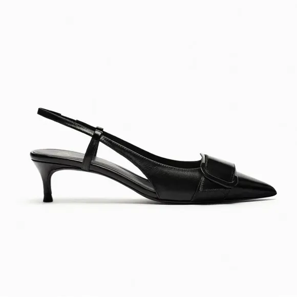 NWT. Zara Black Leather Kitten Heeled Slingback Shoes. Size 9.