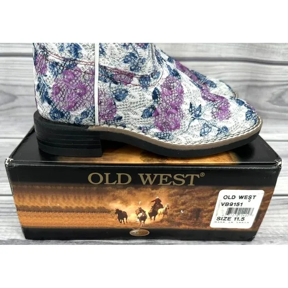 OLD WEST SQUARE TOE FLOWER GIRL WESTERN COWGIRL BOOTS Little Girl Size 11.5  NEW