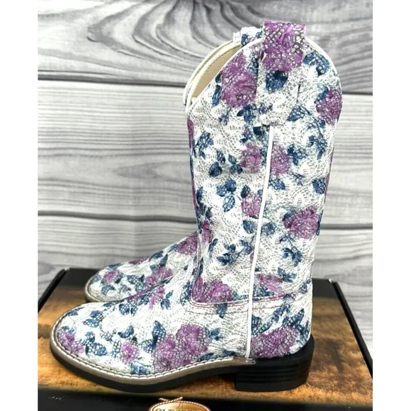 OLD WEST SQUARE TOE FLOWER GIRL WESTERN COWGIRL BOOTS Little Girl Size 11.5  NEW