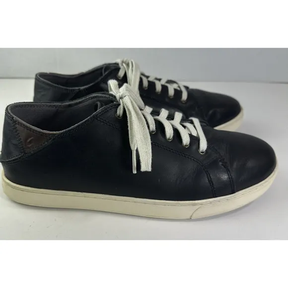 Olukai Kahu Eono Black Leather Shoes Lace Up Drop in Heel Sneakers Men's Size 10