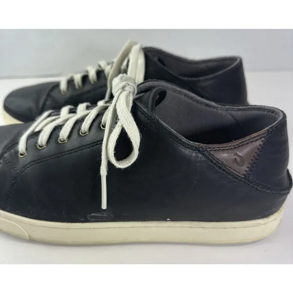 Olukai Kahu Eono Black Leather Shoes Lace Up Drop in Heel Sneakers Men's Size 10