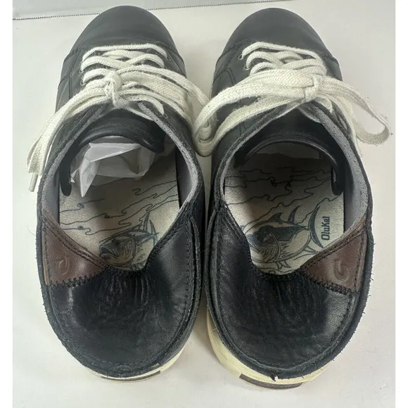 Olukai Kahu Eono Black Leather Shoes Lace Up Drop in Heel Sneakers Men's Size 10