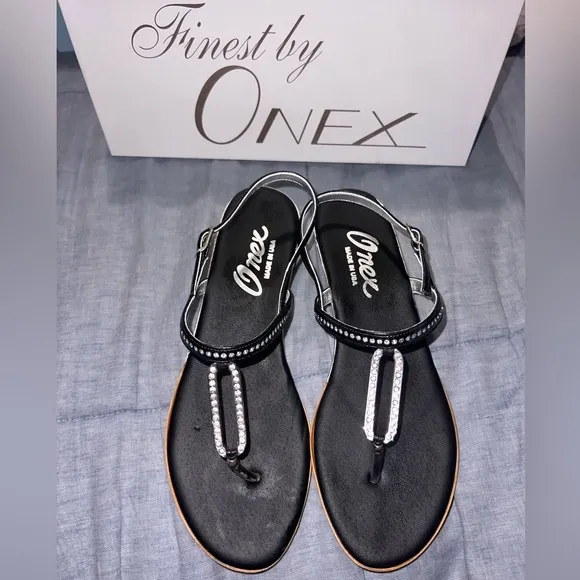 Onex Women's Black Sandals with Rhinestone Detail