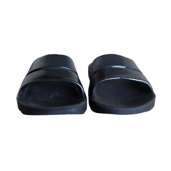 OOFOS OOahh Luxe Slides Black Slip On Comfort Recovery Sandals Women's Size 9