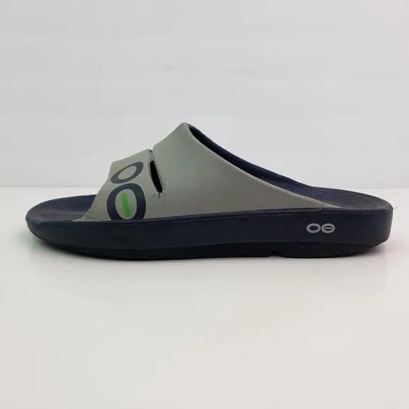Oofos Ooahh Mens Sz 8 Womens Sz 10 Navy Blue Gray Slip On Recovery Slide Sandals