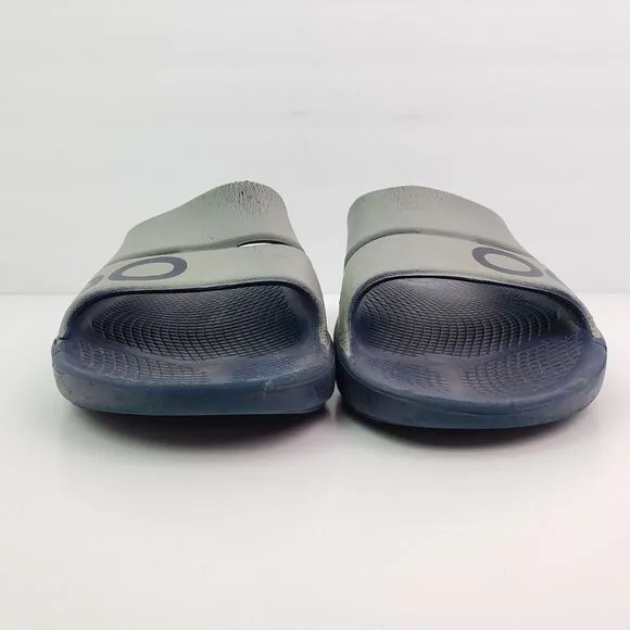 Oofos Ooahh Mens Sz 8 Womens Sz 10 Navy Blue Gray Slip On Recovery Slide Sandals