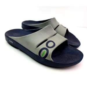 Oofos Ooahh Mens Sz 8 Womens Sz 10 Navy Blue Gray Slip On Recovery Slide Sandals