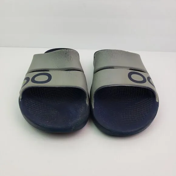 Oofos Ooahh Mens Sz 8 Womens Sz 10 Navy Blue Gray Slip On Recovery Slide Sandals