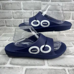 OOFOS OOahh Sport Recovery Comfort Sandals Slide Navy White Slip On Men's 8 US