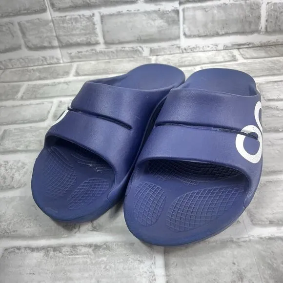 OOFOS OOahh Sport Recovery Comfort Sandals Slide Navy White Slip On Men's 8 US