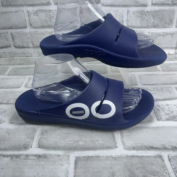 OOFOS OOahh Sport Recovery Comfort Sandals Slide Navy White Slip On Men's 8 US