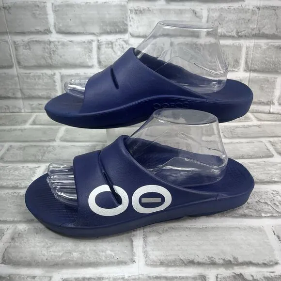 OOFOS OOahh Sport Recovery Comfort Sandals Slide Navy White Slip On Men's 8 US