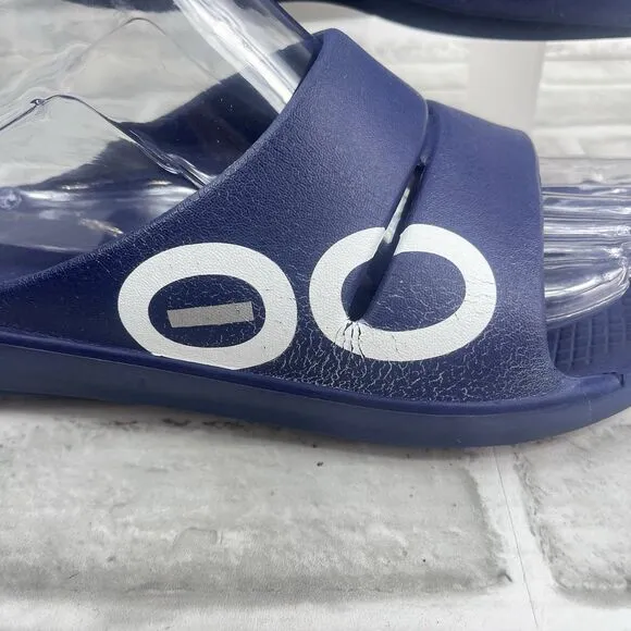 OOFOS OOahh Sport Recovery Comfort Sandals Slide Navy White Slip On Men's 8 US