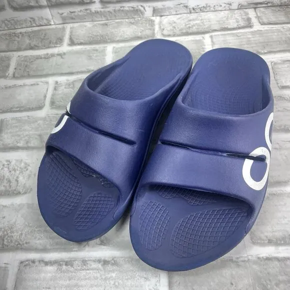 OOFOS OOahh Sport Recovery Comfort Sandals Slide Navy White Slip On Men's 8 US