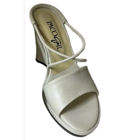 Paco Gil White Wedge Sandals with Cross-Strap Design