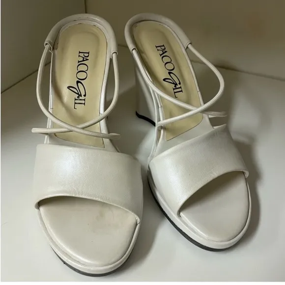 Paco Gil White Wedge Sandals with Cross-Strap Design