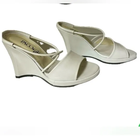 Paco Gil White Wedge Sandals with Cross-Strap Design