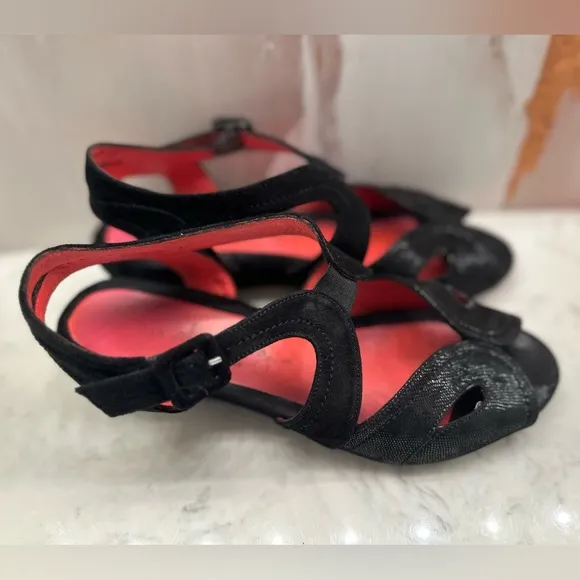 Pas De Rouge Black Suede Textured Weave Peep Toe Wedge Sandals Women’s 38.5/US 8