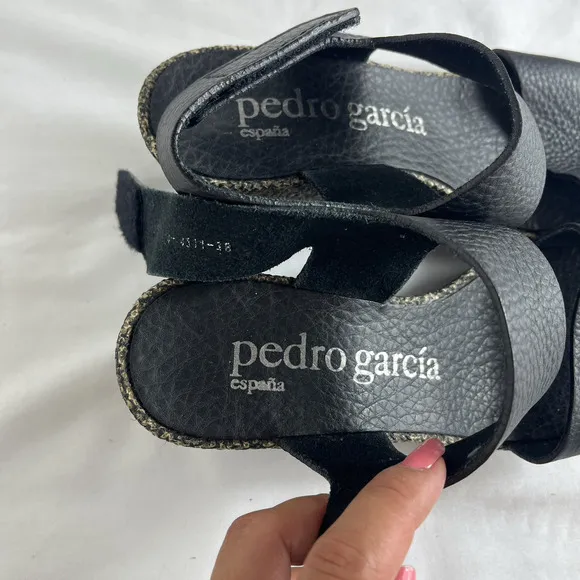 Pedro Garcia Fiona Wedge Sandals Black Leather Upper, Size 8, summer, comfort