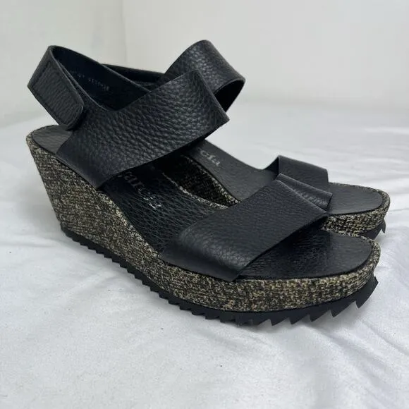 Pedro Garcia Fiona Wedge Sandals Black Leather Upper, Size 8, summer, comfort