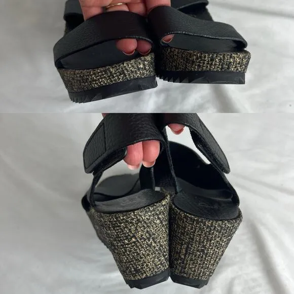 Pedro Garcia Fiona Wedge Sandals Black Leather Upper, Size 8, summer, comfort
