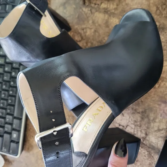 Prada Women's Black Leather Heeled Sandals