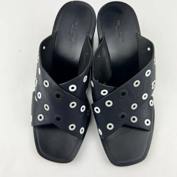 Rag &amp; Bone Women's Paige Leather Slide Sandals Dark Navy EU 37 US 7.5 Studded