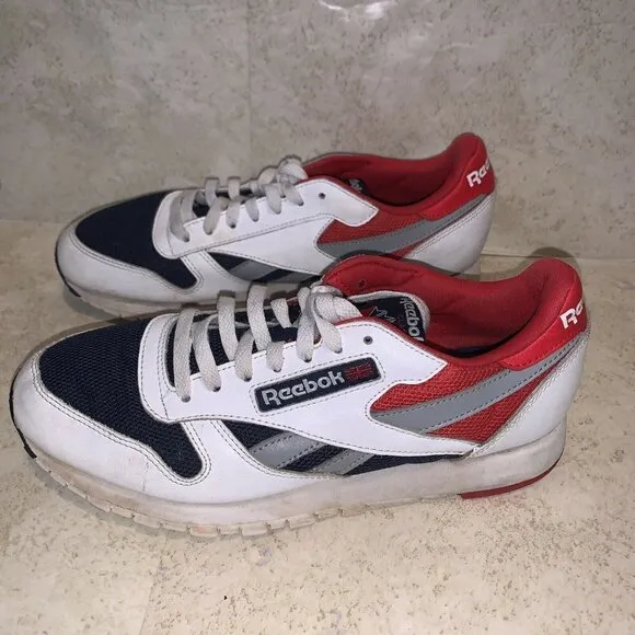 Reebok Mens Classic White Blue Red Low Top Lace Up Retro Sneakers Size 8