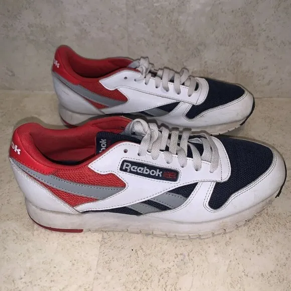 Reebok Mens Classic White Blue Red Low Top Lace Up Retro Sneakers Size 8