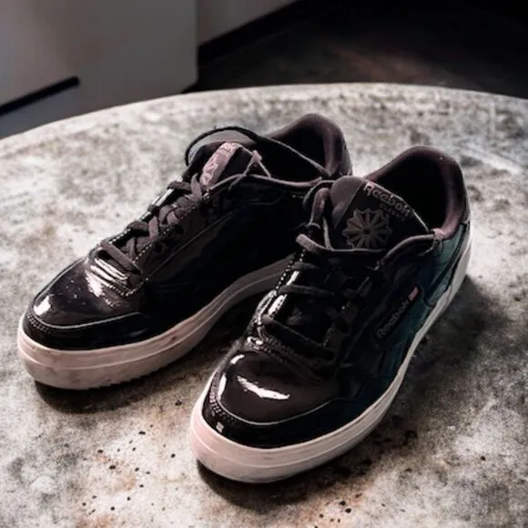 REEBOK Women's Club C Double Sneaker, Black Patent Leather