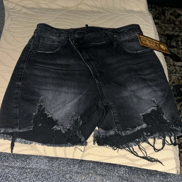RISEN Raw Hem Asymmetrical Waist Denim Shorts - Available