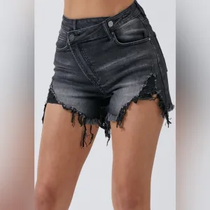 RISEN Raw Hem Asymmetrical Waist Denim Shorts - Available