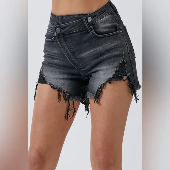 RISEN Raw Hem Asymmetrical Waist Denim Shorts - Available
