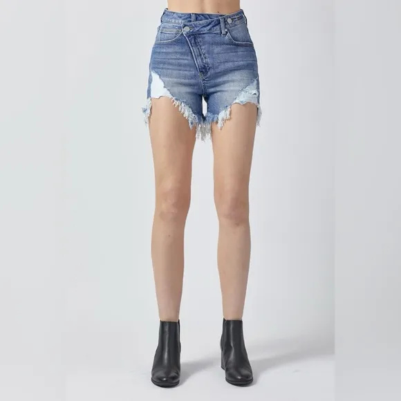 RISEN Raw Hem Asymmetrical Waist Denim Shorts