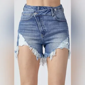 RISEN Raw Hem Asymmetrical Waist Denim Shorts