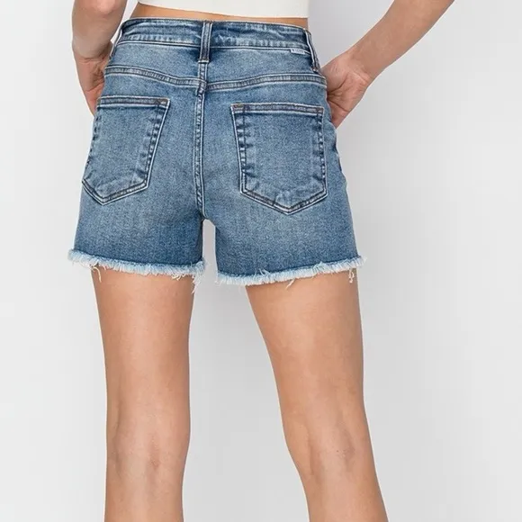 RISEN Stepped Waist Frayed Denim Shorts