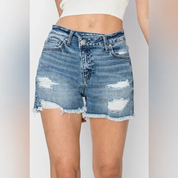 RISEN Stepped Waist Frayed Denim Shorts