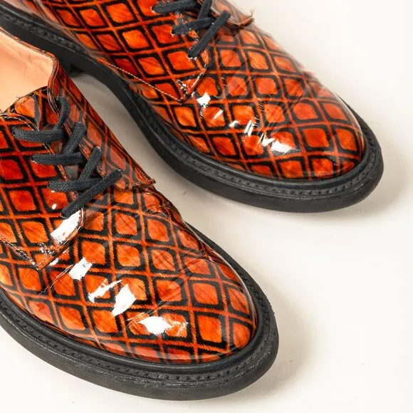 Robert Clergerie Brown Geometric-Pattern Lug Sole Patent Leather Derby Shoes